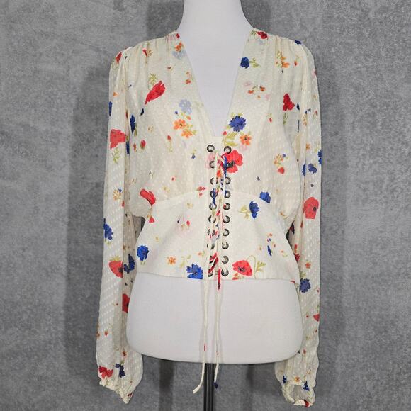 The Kooples Cream Daydream Flowers Lace-Up Floral Silk Top - Picture 1 of 7